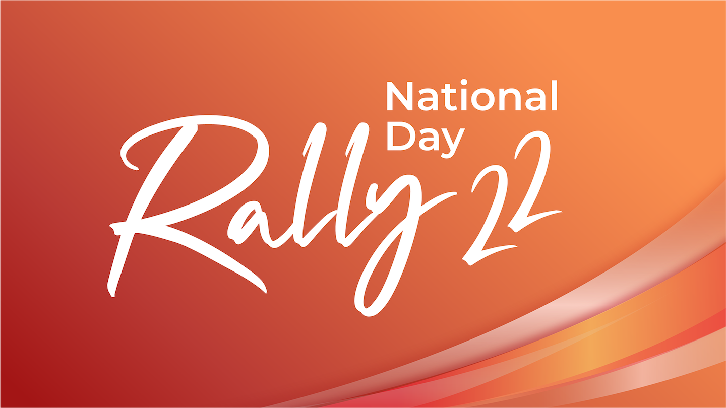 Orange gradient background with white text "National Day / Rally 22" and curved line accents.